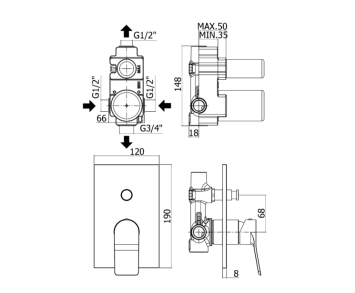 Misc. incasso doccia 2 uscite Tilt sche.tec.
